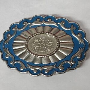 Western Blue & Chrome Metal Floral Cowboy Belt Buckle Oval Scalloped Vintage